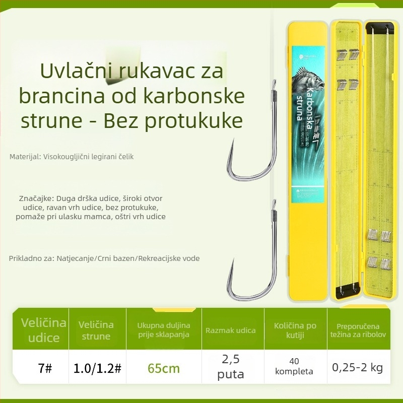 Završena dugačka ručna udica s dvostrukim udicama, vezana na karbonsku nit, tip mansetna udica, namijenjena karasu i šaranu
