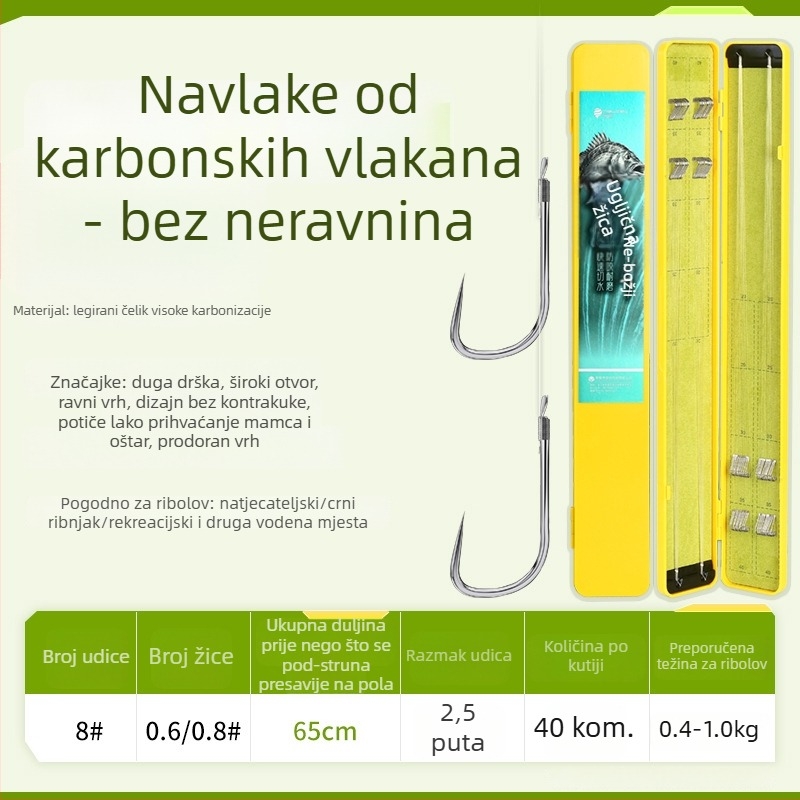 Završena dugačka ručna udica s dvostrukim udicama, vezana na karbonsku nit, tip mansetna udica, namijenjena karasu i šaranu