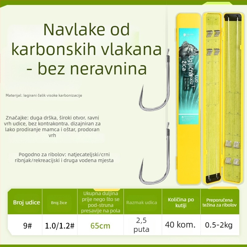 Završena dugačka ručna udica s dvostrukim udicama, vezana na karbonsku nit, tip mansetna udica, namijenjena karasu i šaranu