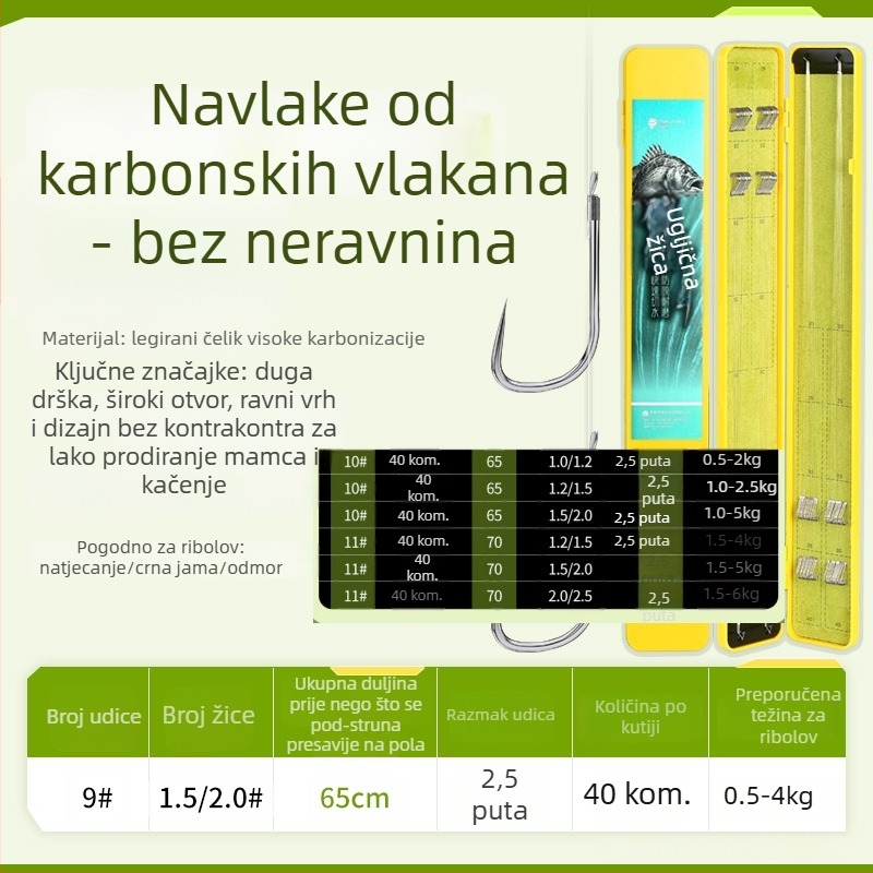 Završena dugačka ručna udica s dvostrukim udicama, vezana na karbonsku nit, tip mansetna udica, namijenjena karasu i šaranu