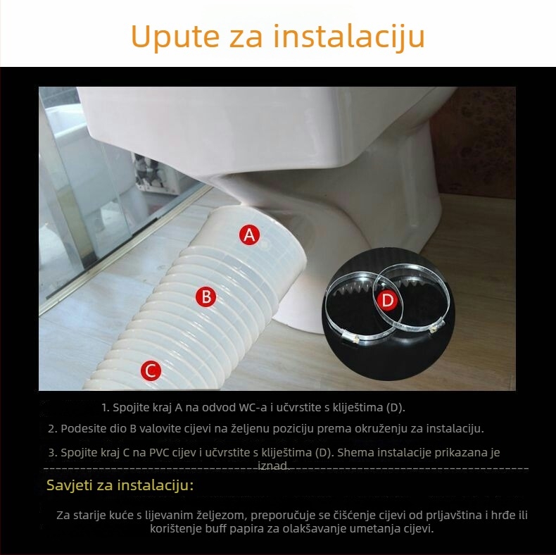 Cijev za odvod vode za WC, silikon, zidni spoj, debeli dizajn