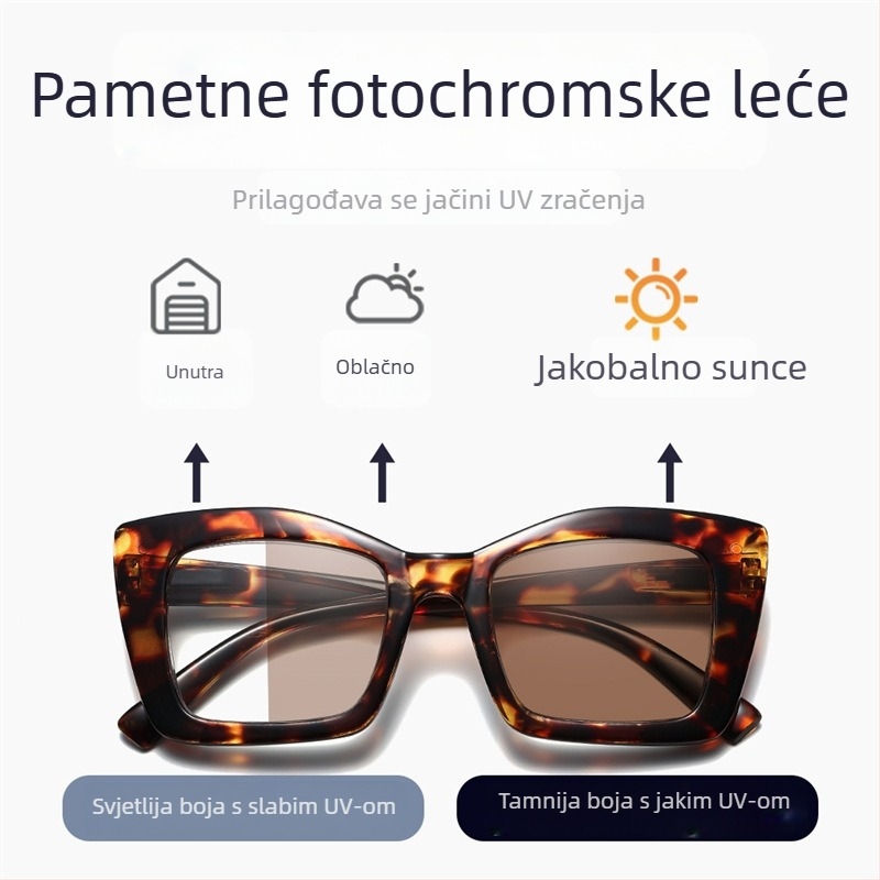 Naočale za čitanje s fotokromnim lećama, protiv plavog svjetla, UV zaštita, puni okvir, kvadratni dizajn