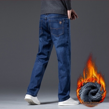 Traperice od denima s flis podstavom, ravni kroj, srednji pojas, zimska verzija