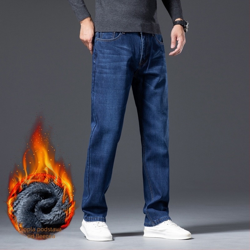 Traperice od denima s flis podstavom, ravni kroj, srednji pojas, zimska verzija