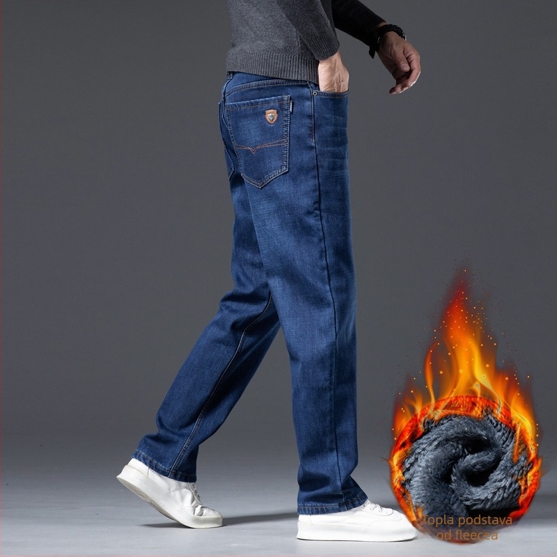 Traperice od denima s flis podstavom, ravni kroj, srednji pojas, zimska verzija