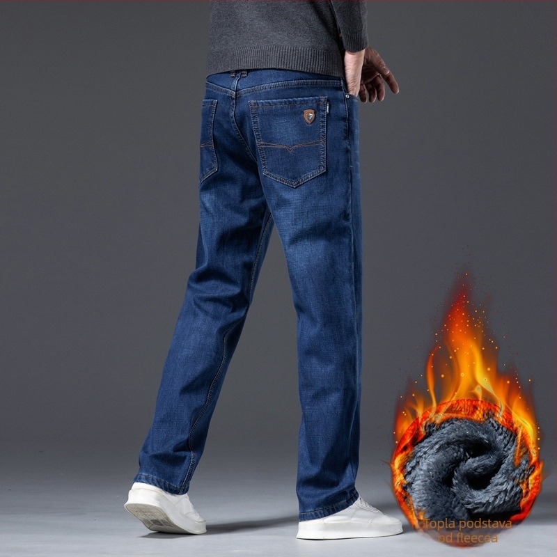 Traperice od denima s flis podstavom, ravni kroj, srednji pojas, zimska verzija