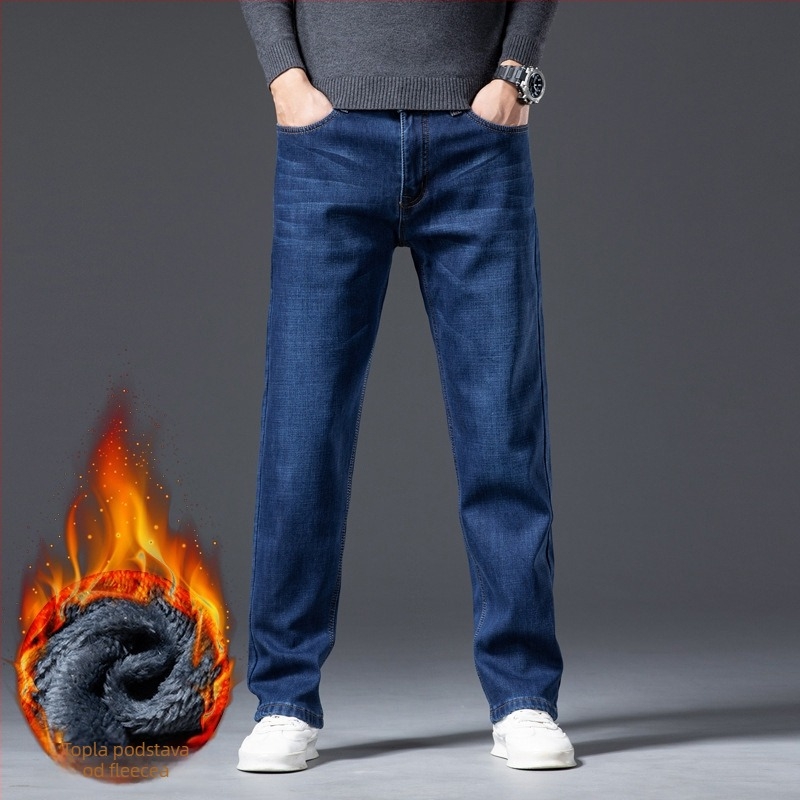 Traperice od denima s flis podstavom, ravni kroj, srednji pojas, zimska verzija