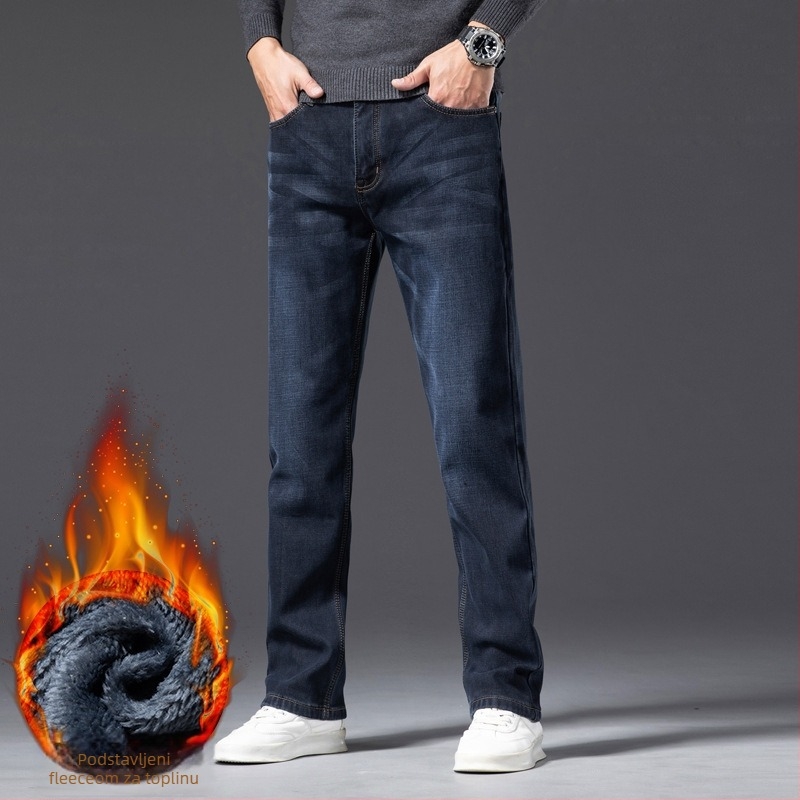 Traperice od denima s flis podstavom, ravni kroj, srednji pojas, zimska verzija