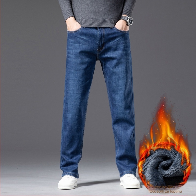 Traperice od denima s flis podstavom, ravni kroj, srednji pojas, zimska verzija