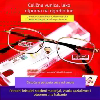Bezokvirne naočale za čitanje, akrilne leće, titanijske legure okvir, kvadratni oblik, proljeće 2024 izdanje