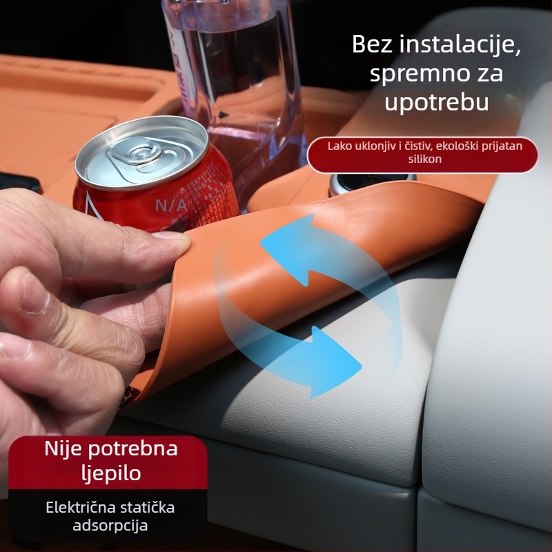 Silicijska podloga za središnju konzolu s podloškom za čašu — zaštitna prostirka za automobil (montaža statičkim naljepnicama, moguće tiskanje logotipa)
