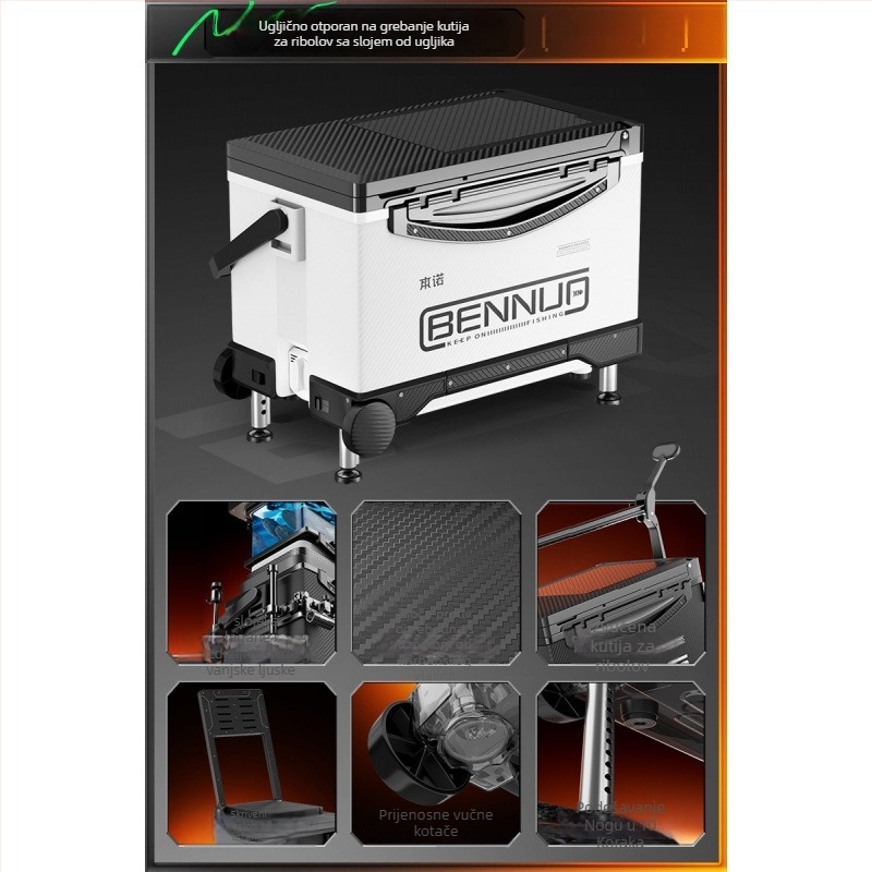 Ultra lagana kutija za ribolov, PP materijal, višenamjenski sjedalni box s podesivom nožnom platformom i kotačićima