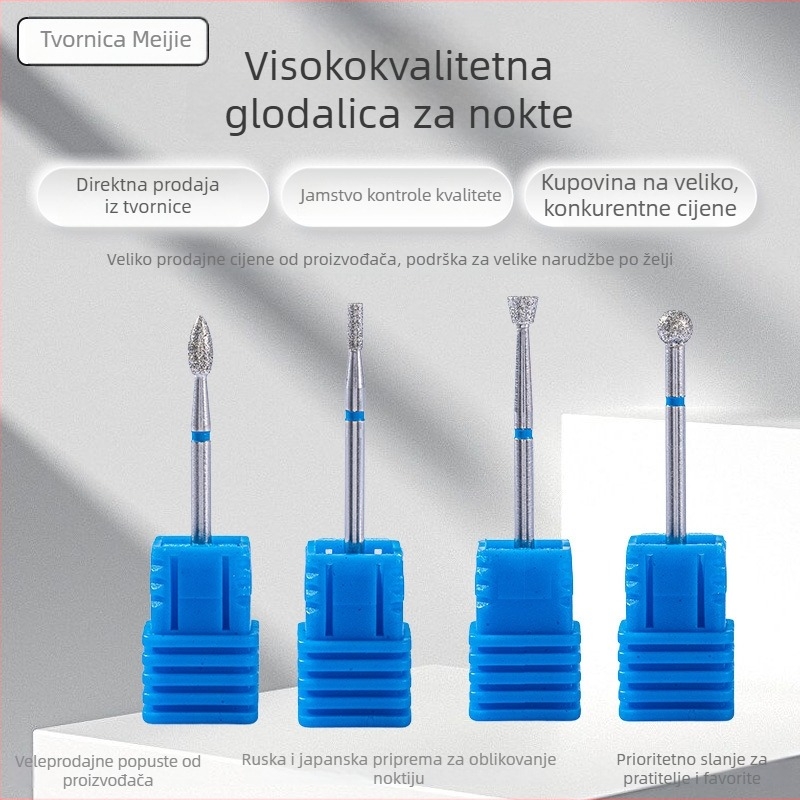 Set alata za nokte – 6 dijelova dijamantnih glava za brušenje, kratka šiljata glava za završnu obradu površine noktiju, elektroplatirani nehrđajući čelik, OEM