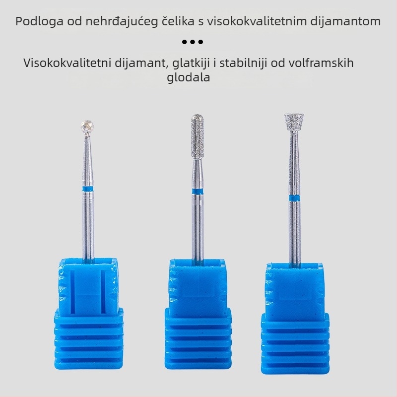 Set alata za nokte – 6 dijelova dijamantnih glava za brušenje, kratka šiljata glava za završnu obradu površine noktiju, elektroplatirani nehrđajući čelik, OEM