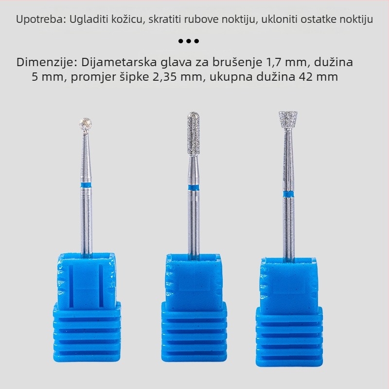 Set alata za nokte – 6 dijelova dijamantnih glava za brušenje, kratka šiljata glava za završnu obradu površine noktiju, elektroplatirani nehrđajući čelik, OEM