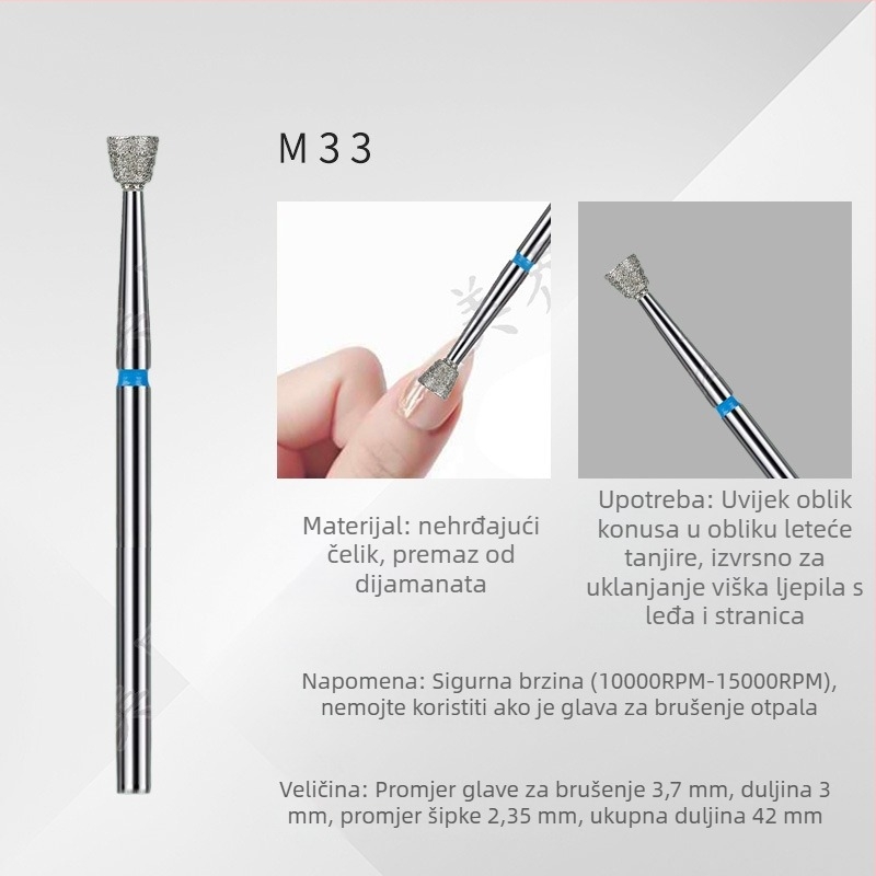 Set alata za nokte – 6 dijelova dijamantnih glava za brušenje, kratka šiljata glava za završnu obradu površine noktiju, elektroplatirani nehrđajući čelik, OEM