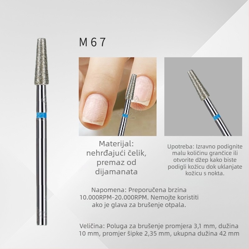 Set alata za nokte – 6 dijelova dijamantnih glava za brušenje, kratka šiljata glava za završnu obradu površine noktiju, elektroplatirani nehrđajući čelik, OEM