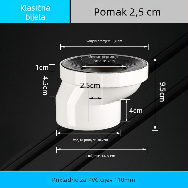 PVC spoj za WC cijev s prilagodljivim pomakom, kutni spoj za pomicanje WC-a, debljina zida 3 mm