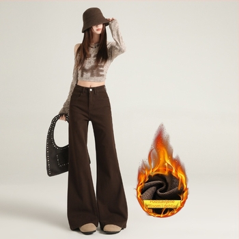 Traperice od denima s visokim strukom i proširenim krojem, s velurovim detaljima, mikroelastične, zimske