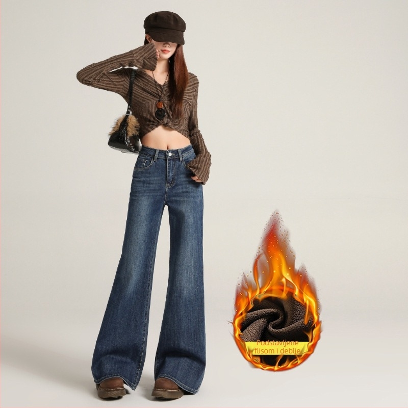 Traperice od denima s visokim strukom i proširenim krojem, s velurovim detaljima, mikroelastične, zimske