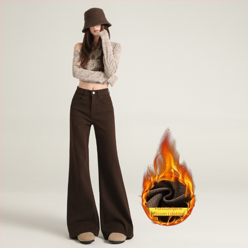 Traperice od denima s visokim strukom i proširenim krojem, s velurovim detaljima, mikroelastične, zimske