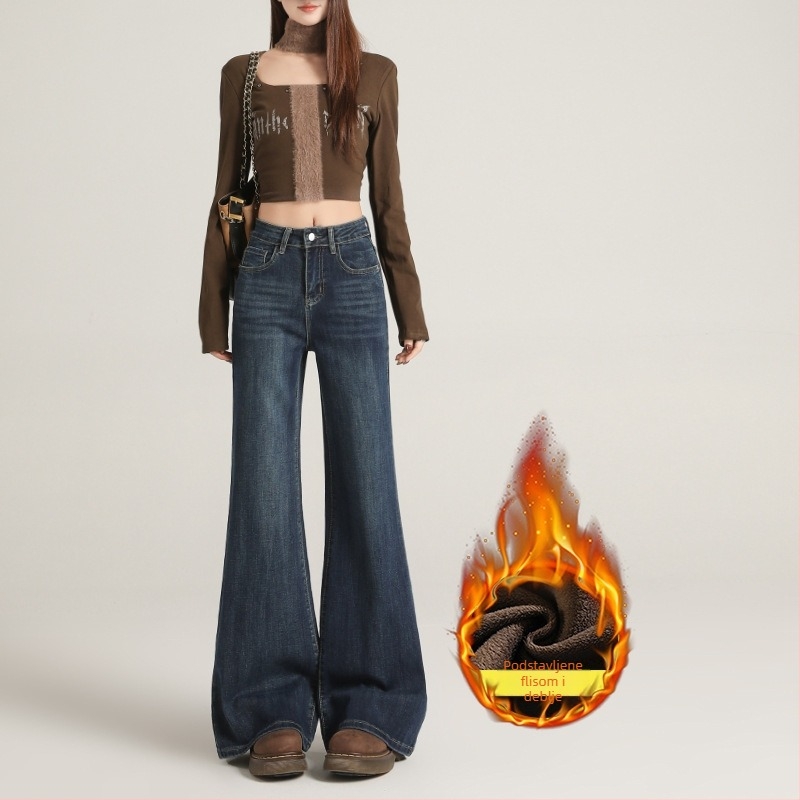 Traperice od denima s visokim strukom i proširenim krojem, s velurovim detaljima, mikroelastične, zimske