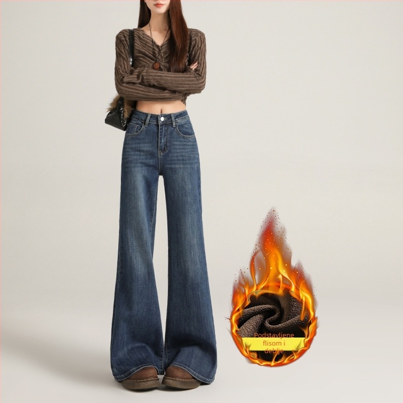 Traperice od denima s visokim strukom i proširenim krojem, s velurovim detaljima, mikroelastične, zimske