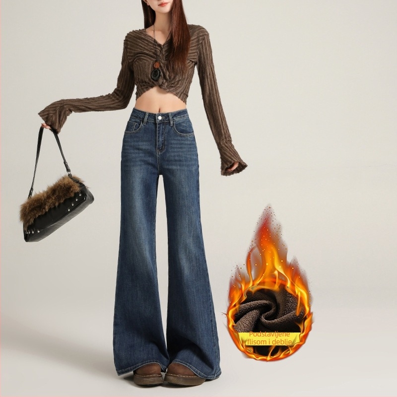 Traperice od denima s visokim strukom i proširenim krojem, s velurovim detaljima, mikroelastične, zimske