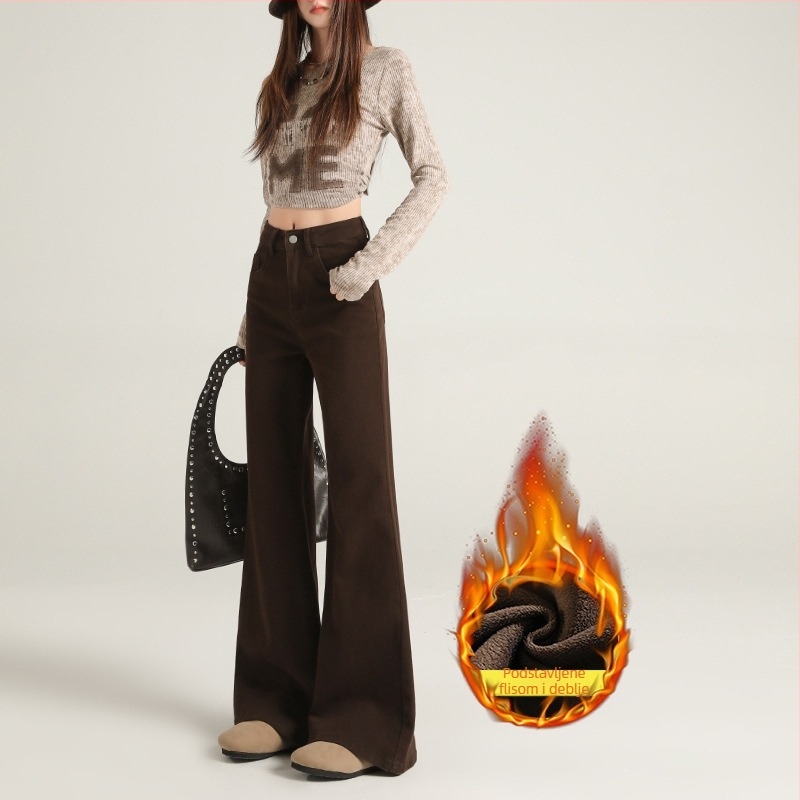 Traperice od denima s visokim strukom i proširenim krojem, s velurovim detaljima, mikroelastične, zimske