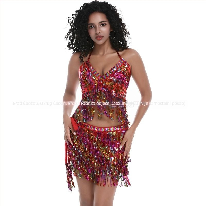 Scenski kostim za pole dance i belly dance s šljokicama i resicama, chiffon tkanina, najlon 50–70%, proljeće 2025