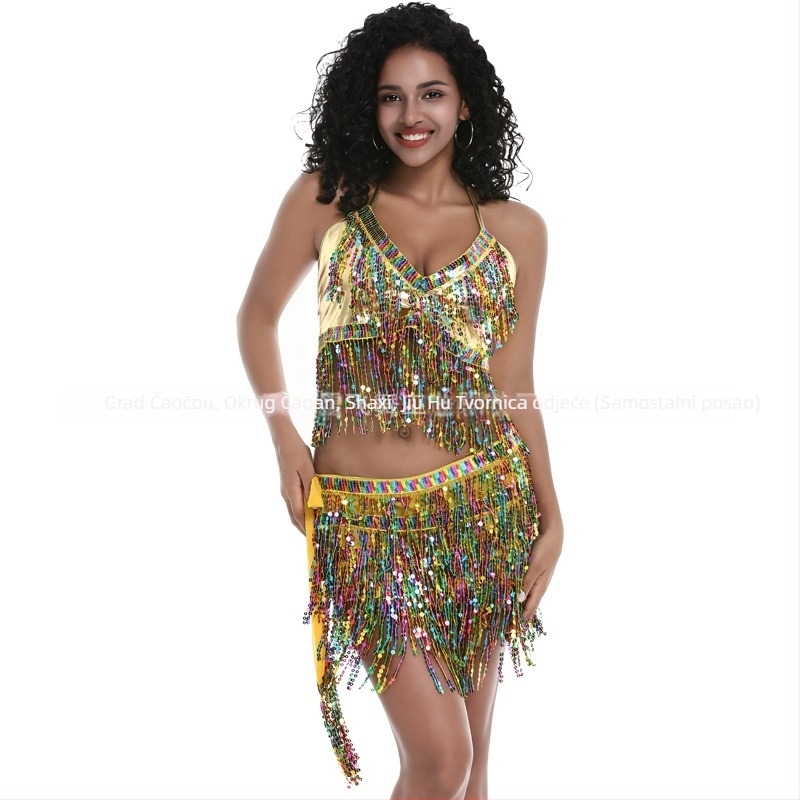 Scenski kostim za pole dance i belly dance s šljokicama i resicama, chiffon tkanina, najlon 50–70%, proljeće 2025