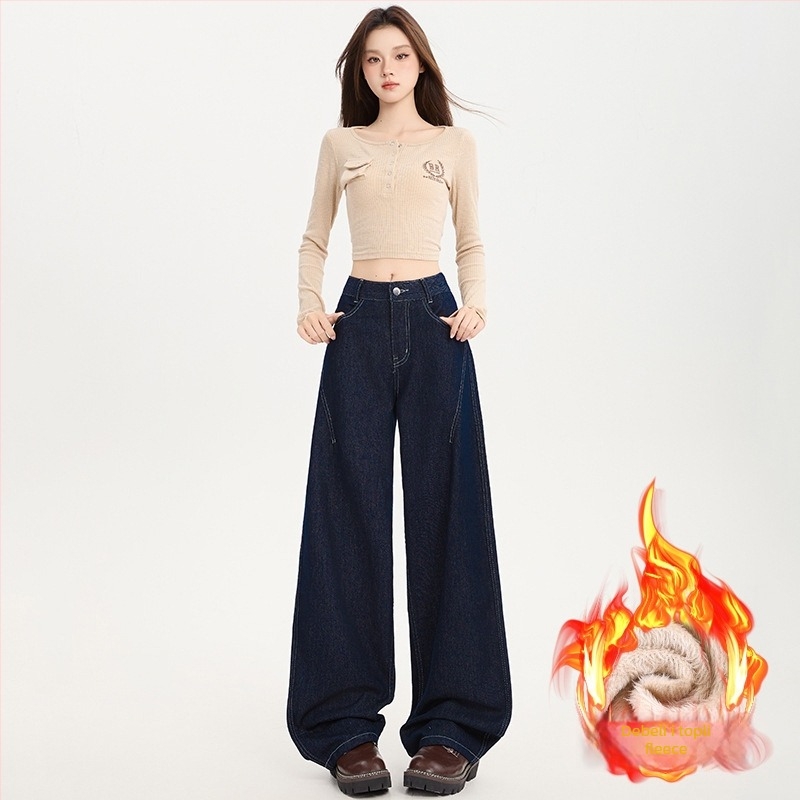 Ženske traperice od denima s flis podstavom, visoki struk, široki kroj, duljina do poda, debeli denim, 70-80% pamuka, jesen 2025