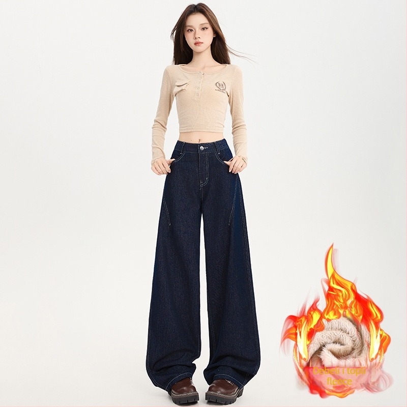 Ženske traperice od denima s flis podstavom, visoki struk, široki kroj, duljina do poda, debeli denim, 70-80% pamuka, jesen 2025