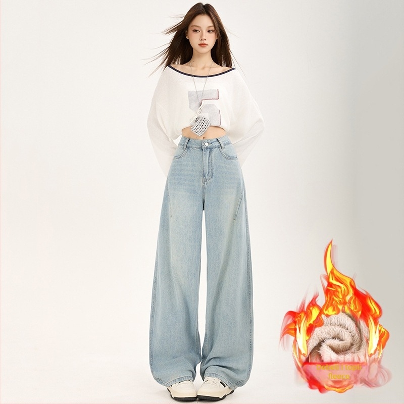 Ženske traperice od denima s flis podstavom, visoki struk, široki kroj, duljina do poda, debeli denim, 70-80% pamuka, jesen 2025