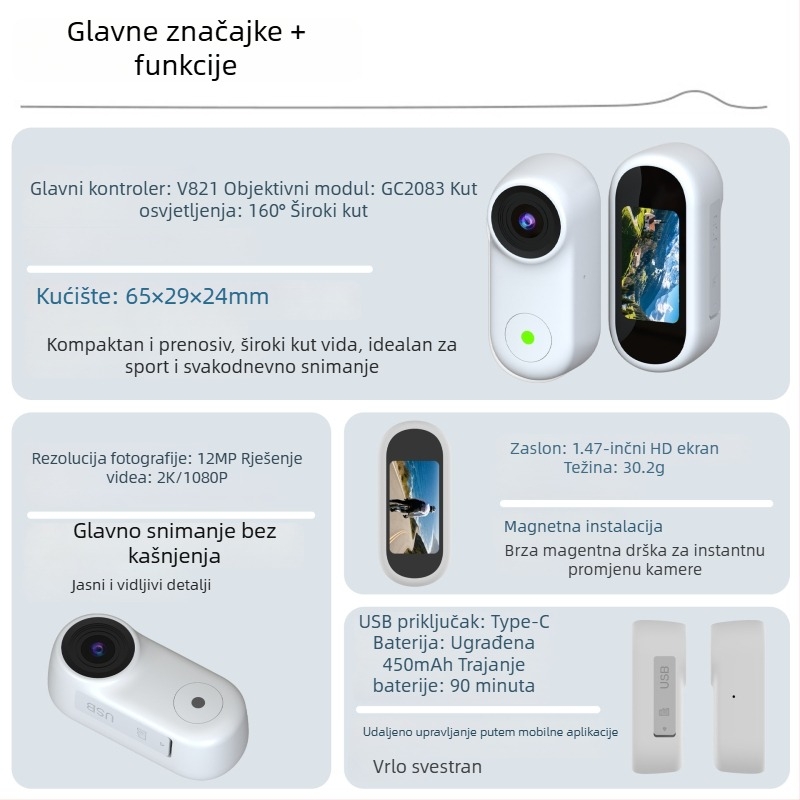 Prstna sportska kamera s magnetskim držanjem, 1,47-inčni HD zaslon, GC2083 objektiv 160°, 5–12 MP, TF kartica