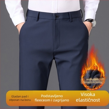 Muške poslovno casual ravne hlače s debelim zimskim materijalom, srednje visoki struk, otporne na nabor, bez glačanja, veluru podstava