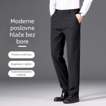 Muške poslovno casual ravne hlače s debelim zimskim materijalom, srednje visoki struk, otporne na nabor, bez glačanja, veluru podstava