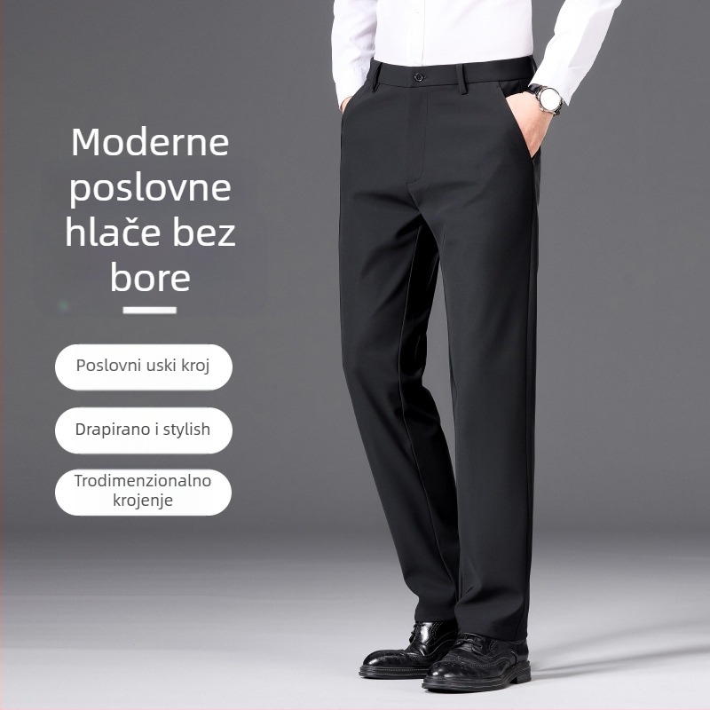 Muške poslovno casual ravne hlače s debelim zimskim materijalom, srednje visoki struk, otporne na nabor, bez glačanja, veluru podstava