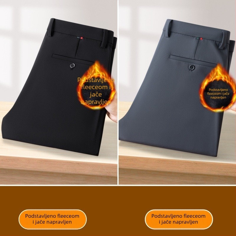 Muške poslovno casual ravne hlače s debelim zimskim materijalom, srednje visoki struk, otporne na nabor, bez glačanja, veluru podstava