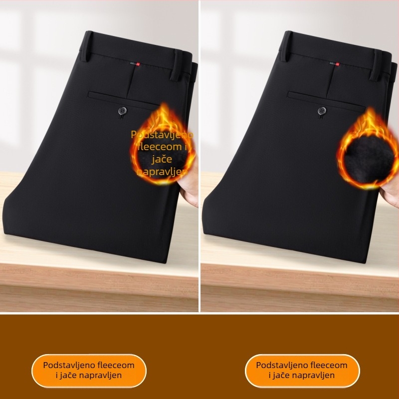 Muške poslovno casual ravne hlače s debelim zimskim materijalom, srednje visoki struk, otporne na nabor, bez glačanja, veluru podstava