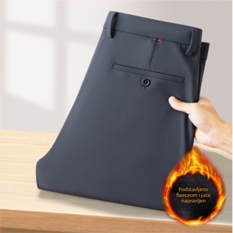 Muške poslovno casual ravne hlače s debelim zimskim materijalom, srednje visoki struk, otporne na nabor, bez glačanja, veluru podstava