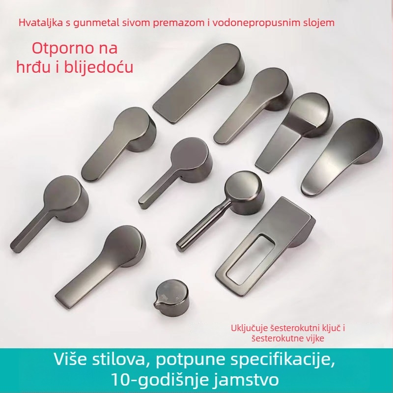 Ručka ventila — prekidač; cinkova legura s premazom; povlačenje gore-dolje; voda teče lijevo-desno; moderan minimalistički stil.