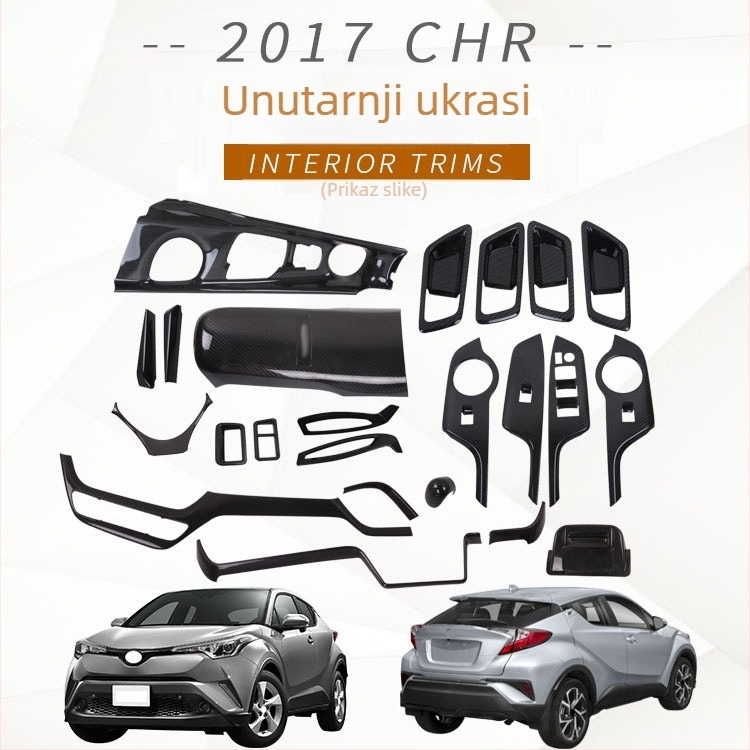 ABS unutarnje modifikacijske komponente za Toyota CHR 2017 — naslon za ruku, unutarnja ručica, okvir mjenjača, izlaz zraka i podešavanje svjetala