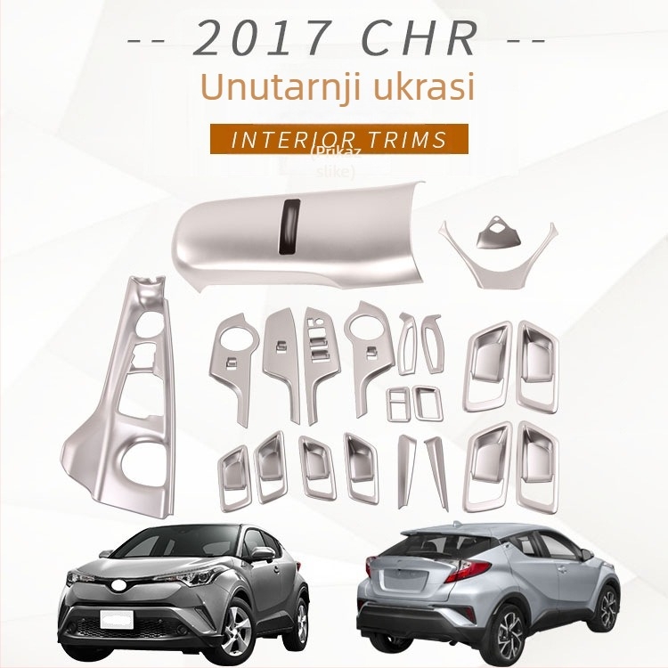 ABS unutarnje modifikacijske komponente za Toyota CHR 2017 — naslon za ruku, unutarnja ručica, okvir mjenjača, izlaz zraka i podešavanje svjetala