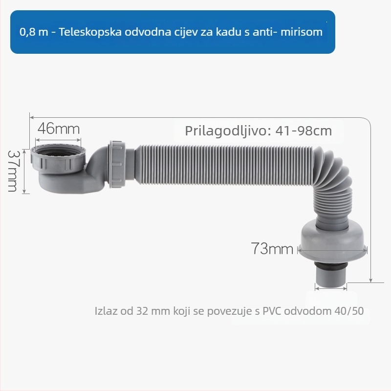 Izvlačna odvodna cijev za kadu s zaštitom od mirisa i štetnika – za kadu i tuš; CE certifikat; materijal: Drugo; broj certifikata: Drugo; ugradnja: Nije pružena