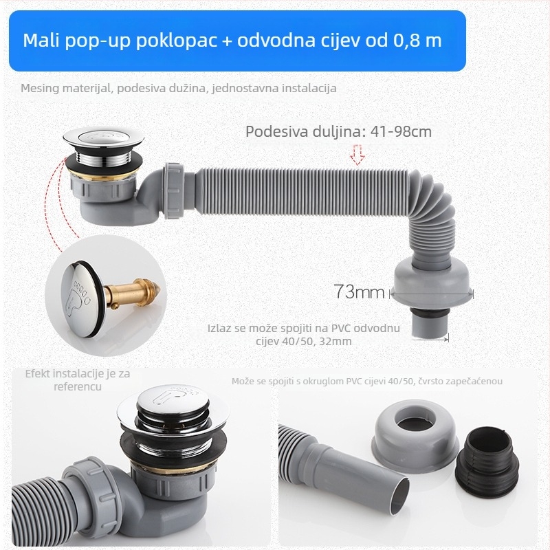 Izvlačna odvodna cijev za kadu s zaštitom od mirisa i štetnika – za kadu i tuš; CE certifikat; materijal: Drugo; broj certifikata: Drugo; ugradnja: Nije pružena