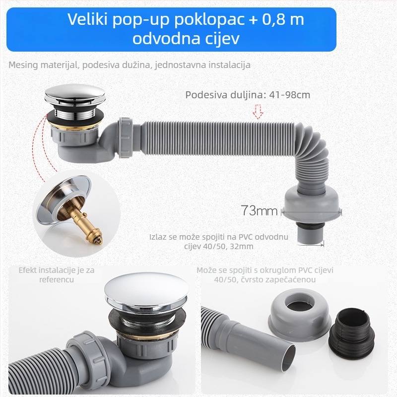 Izvlačna odvodna cijev za kadu s zaštitom od mirisa i štetnika – za kadu i tuš; CE certifikat; materijal: Drugo; broj certifikata: Drugo; ugradnja: Nije pružena