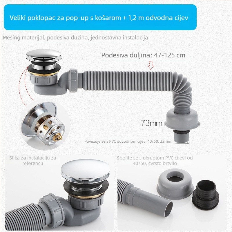 Izvlačna odvodna cijev za kadu s zaštitom od mirisa i štetnika – za kadu i tuš; CE certifikat; materijal: Drugo; broj certifikata: Drugo; ugradnja: Nije pružena