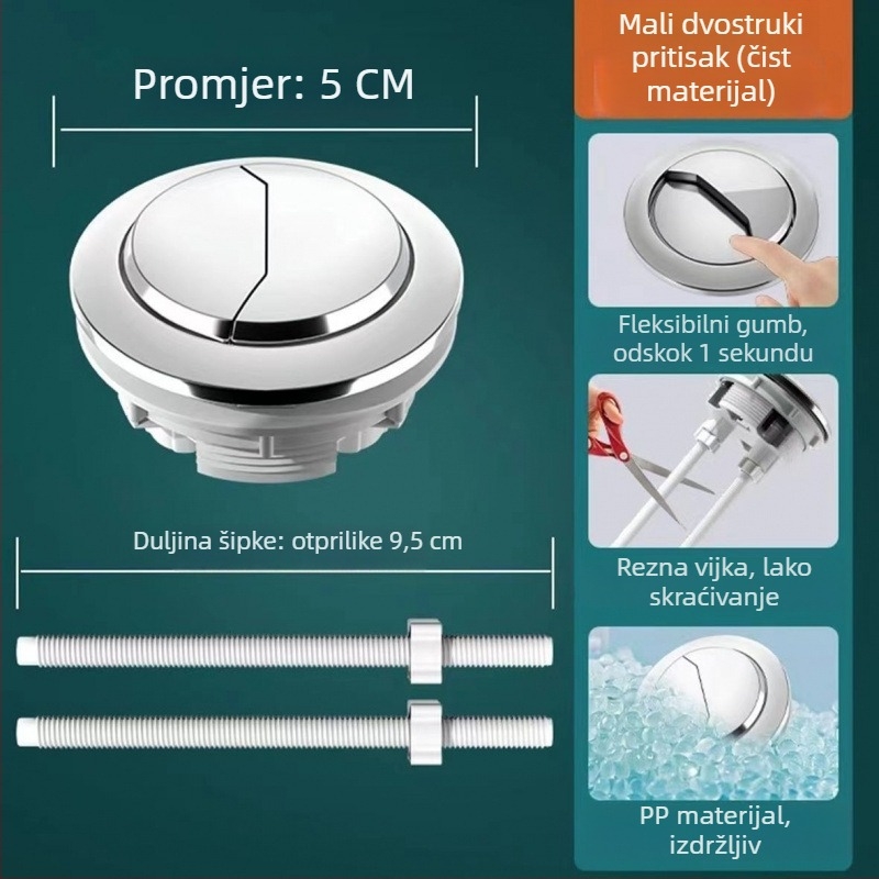 Dvostruki gumb za ispiranje WC-a, univerzalno prilagođen okruglim ili pravokutnim spremnicima, CUPC certificirano, Powerful Merchant marka, instalacijska usluga dostupna.