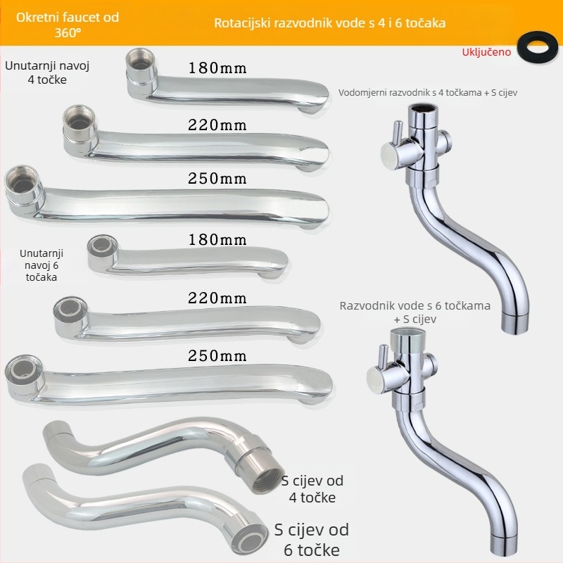 Kuhinjski tuš slavina s troputnim dijeliteljem, spoj 1 na 2, 6° rotirajuće vodovodne cijevi, cijeli bakreni jezgreni ventil, elektroplakirani završni premaz